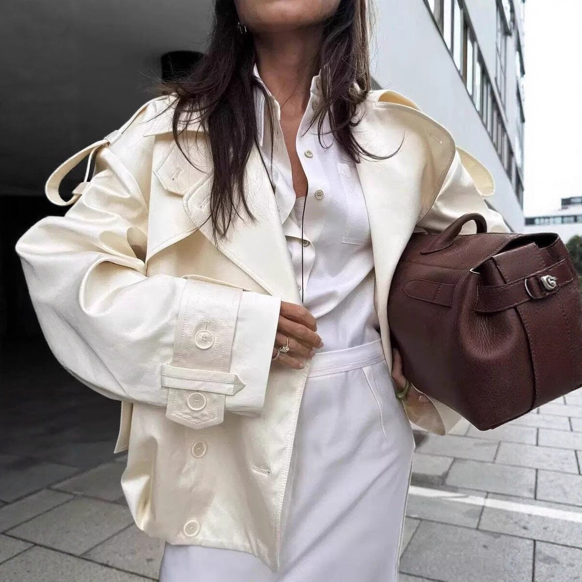 Women Short Boxy Double-breasted Trench with Drawstring and Decorative Shoulder Straps Fashion Glam