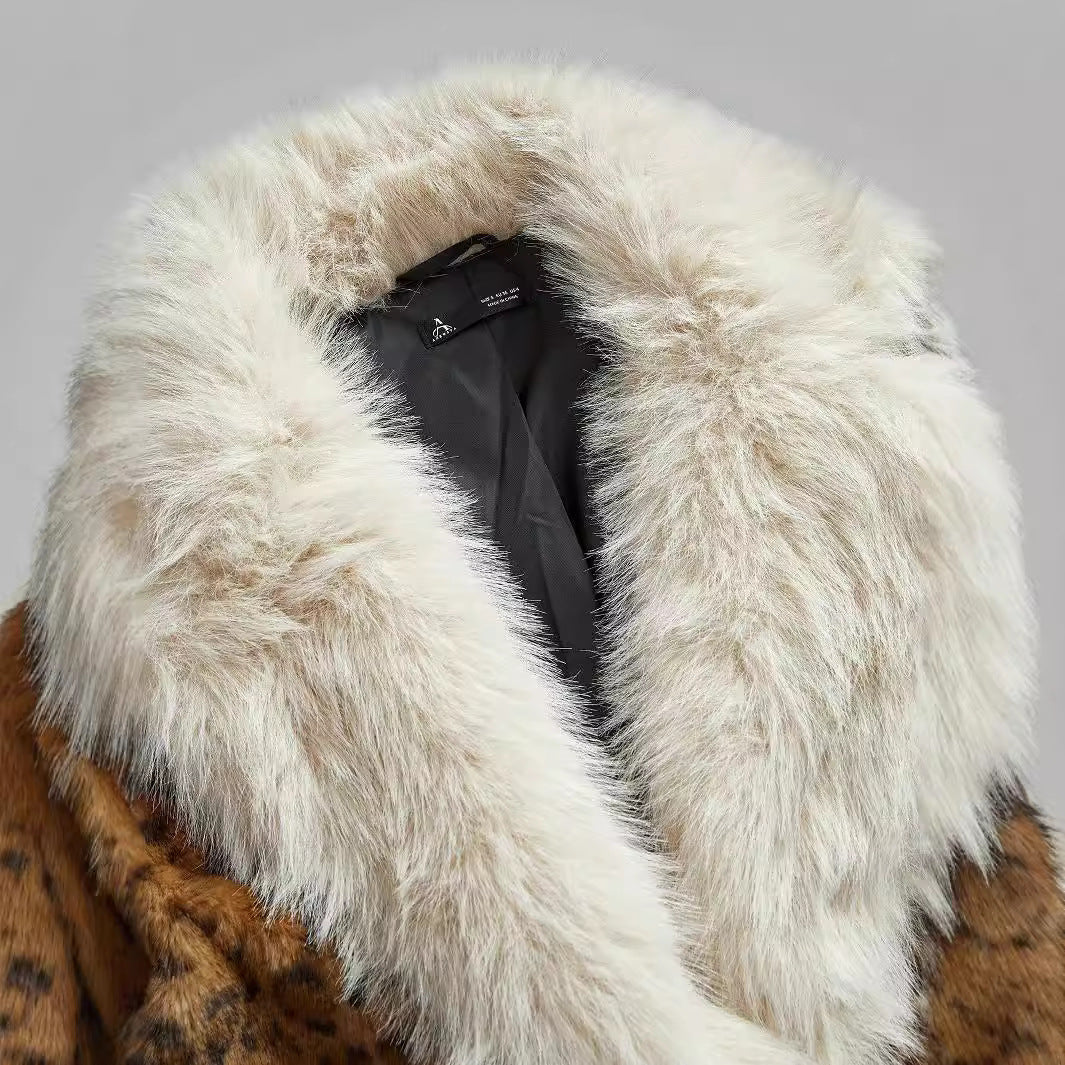 Women's Mid-Length Faux Fur Coat with Contrasting High-Pile Shawl Collar and Leopard Print Fashion Glam