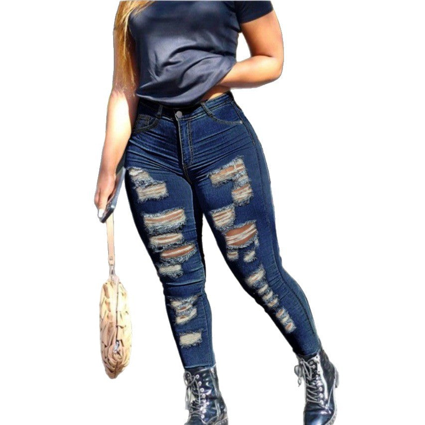 Ladies High-Waisted Skinny Jeans with Destroyed Details and Sculpting Cut Fashion Glam