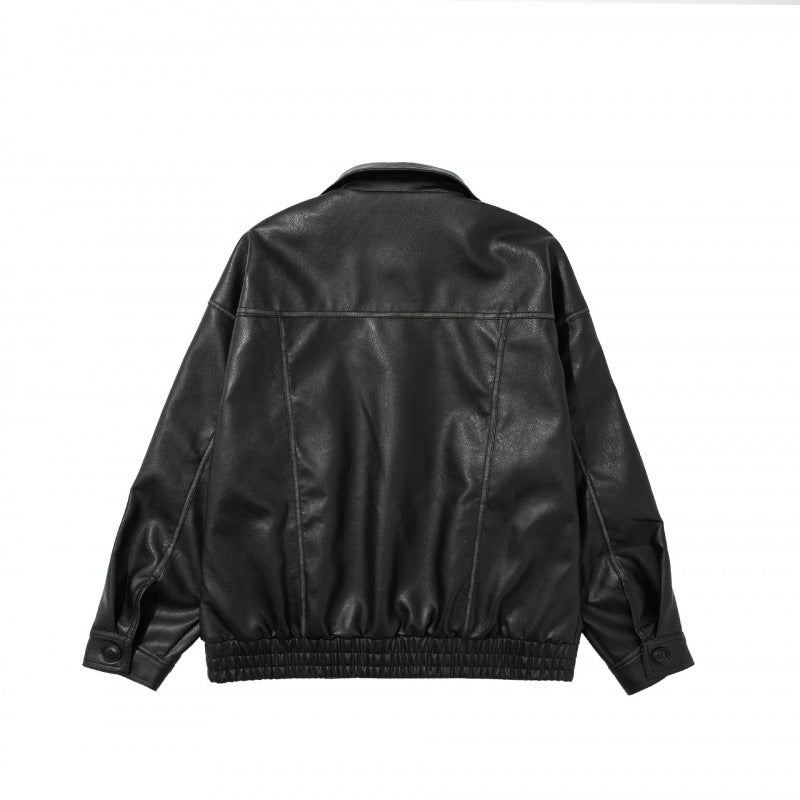 Unisex Short Cut Oversized Faux Leather Blouson Jacket with Shirt Collar, Flap Pockets and Elastic Hem Fashion Glam