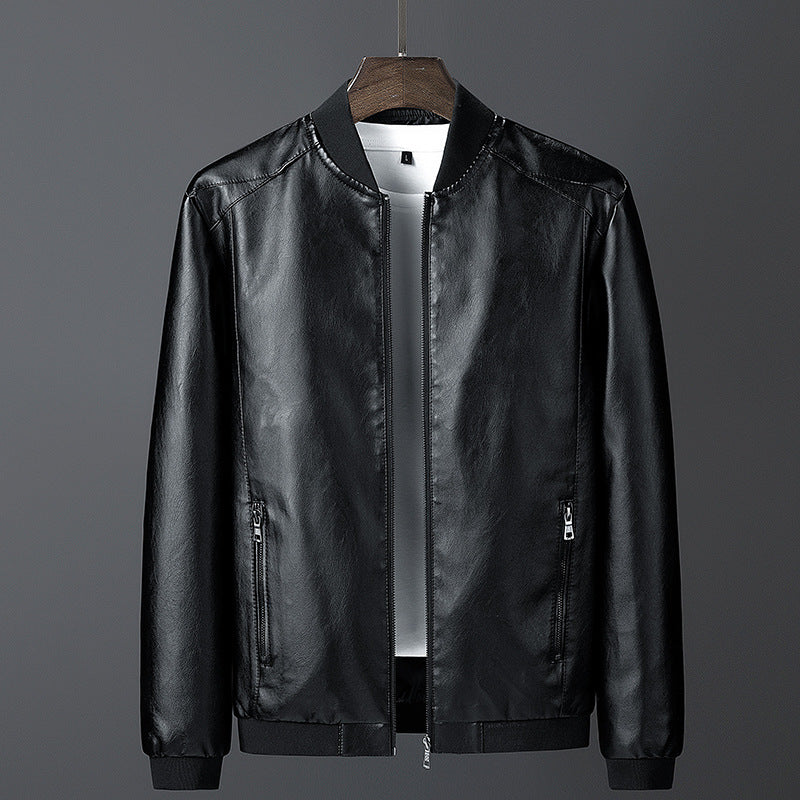 Men's smooth leather look bomber jacket with stand-up collar, zippered pockets, and elastic cuffs Fashion Glam