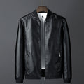 Men's smooth leather look bomber jacket with stand-up collar, zippered pockets, and elastic cuffs Fashion Glam
