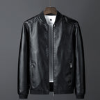 Men's smooth leather look bomber jacket with stand-up collar, zippered pockets, and elastic cuffs Fashion Glam