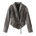 Women's short jacket in suede look with shawl collar, lacing details and waist belt Fashion Glam