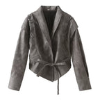 Women's short jacket in suede look with shawl collar, lacing details and waist belt Fashion Glam