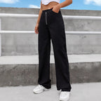 Women's High-Waisted Wide-Leg Jeans with Visible Front Zip, Knee Darts and Raw Hem Fashion Glam
