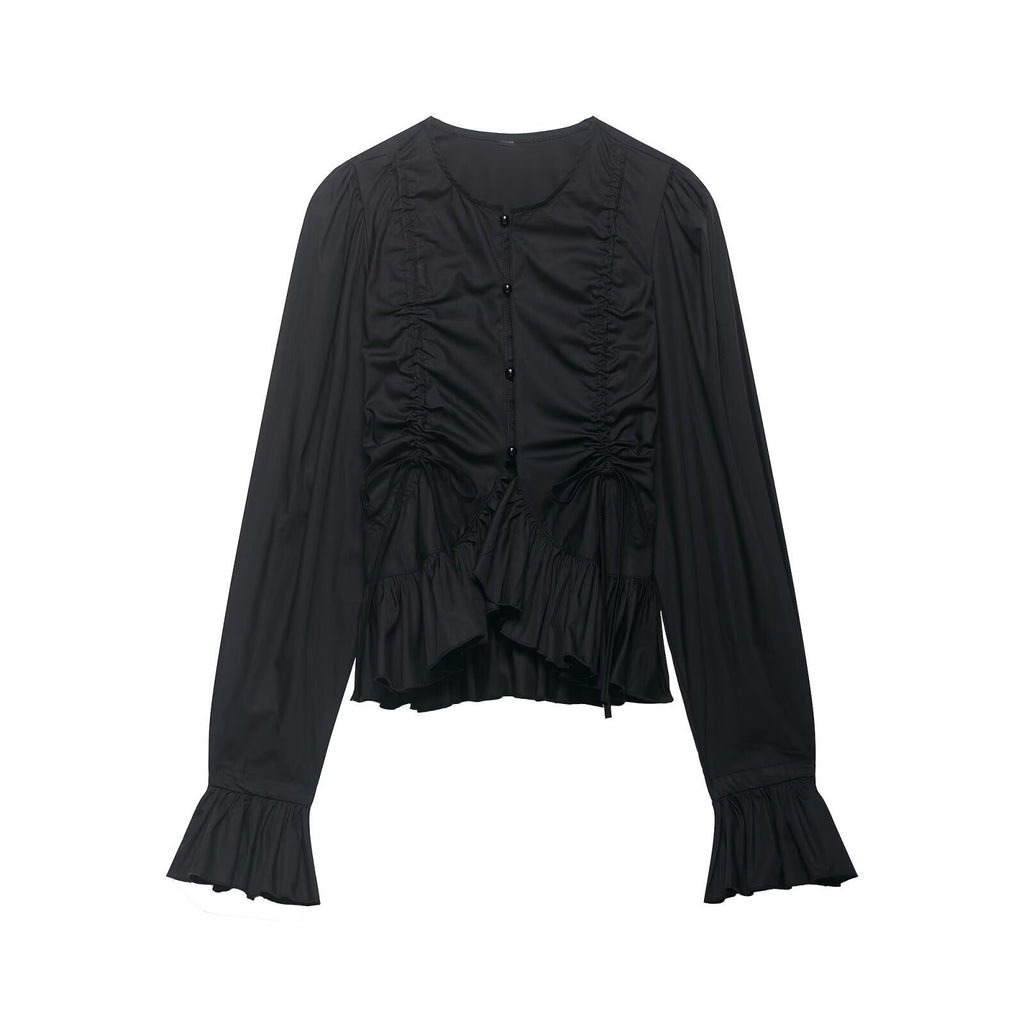 Women Ruffled Blouse with Drawstring, Balloon Sleeves and Ruffle Hem Fashion Glam
