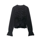 Women Ruffled Blouse with Drawstring, Balloon Sleeves and Ruffle Hem Fashion Glam