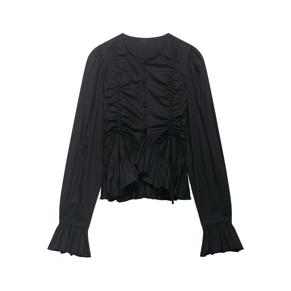 Women Ruffled Blouse with Drawstring, Balloon Sleeves and Ruffle Hem Fashion Glam