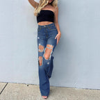 Women High-Waisted Ripped Wide-Leg Jeans with Extra Large Knee Cutouts and Waist-Shaping waistband Fashion Glam