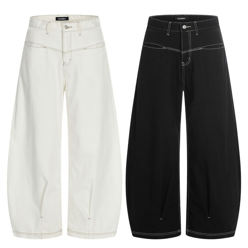Women Wide Cropped Balloon Jeans with High Waist and Visible Contrast Stitching Fashion Glam