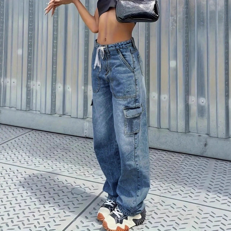 Women's cargo jeans in baggy look with high waist, drawstring and flap pockets Fashion Glam
