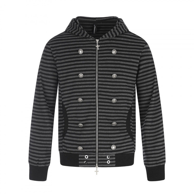 Unisex Striped Hooded Zip Jacket in Double-Breasted Look with Metal Buttons Fashion Glam