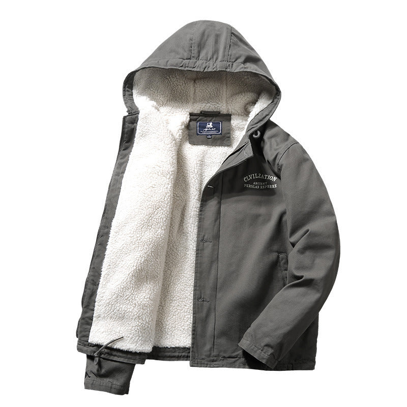 Men's Hooded Canvas Parka with Teddy Lining and Windproof Front Fashion Glam
