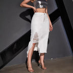 Women's asymmetrical midi denim skirt with fringe and destroy effect Fashion Glam