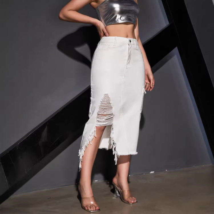 Women's asymmetrical midi denim skirt with fringe and destroy effect Fashion Glam