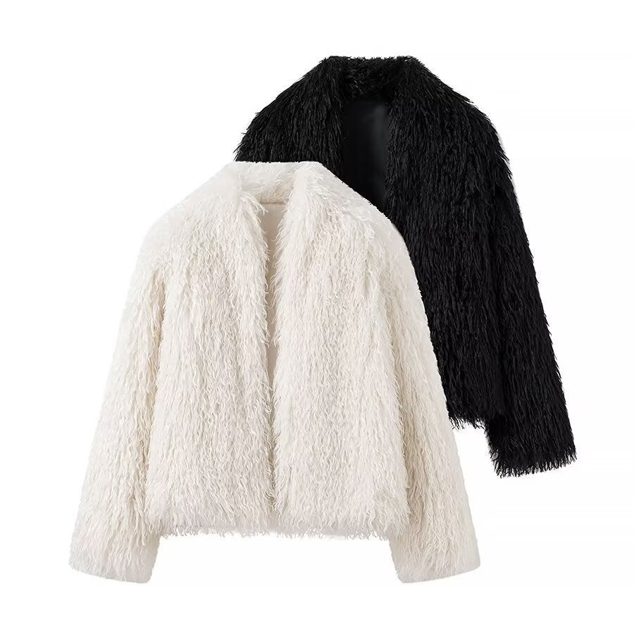 Women Short Fluffy Faux Fur Jacket with Long Fiber Texture Fashion Glam
