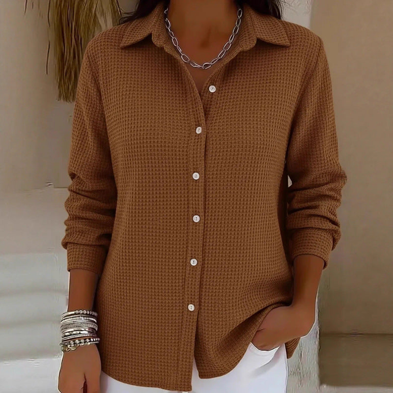 Women's Structured Shirt Blouse in Waffle Knit with Classic Collar and Continuous Button Placket Fashion Glam