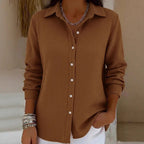Women's Structured Shirt Blouse in Waffle Knit with Classic Collar and Continuous Button Placket Fashion Glam