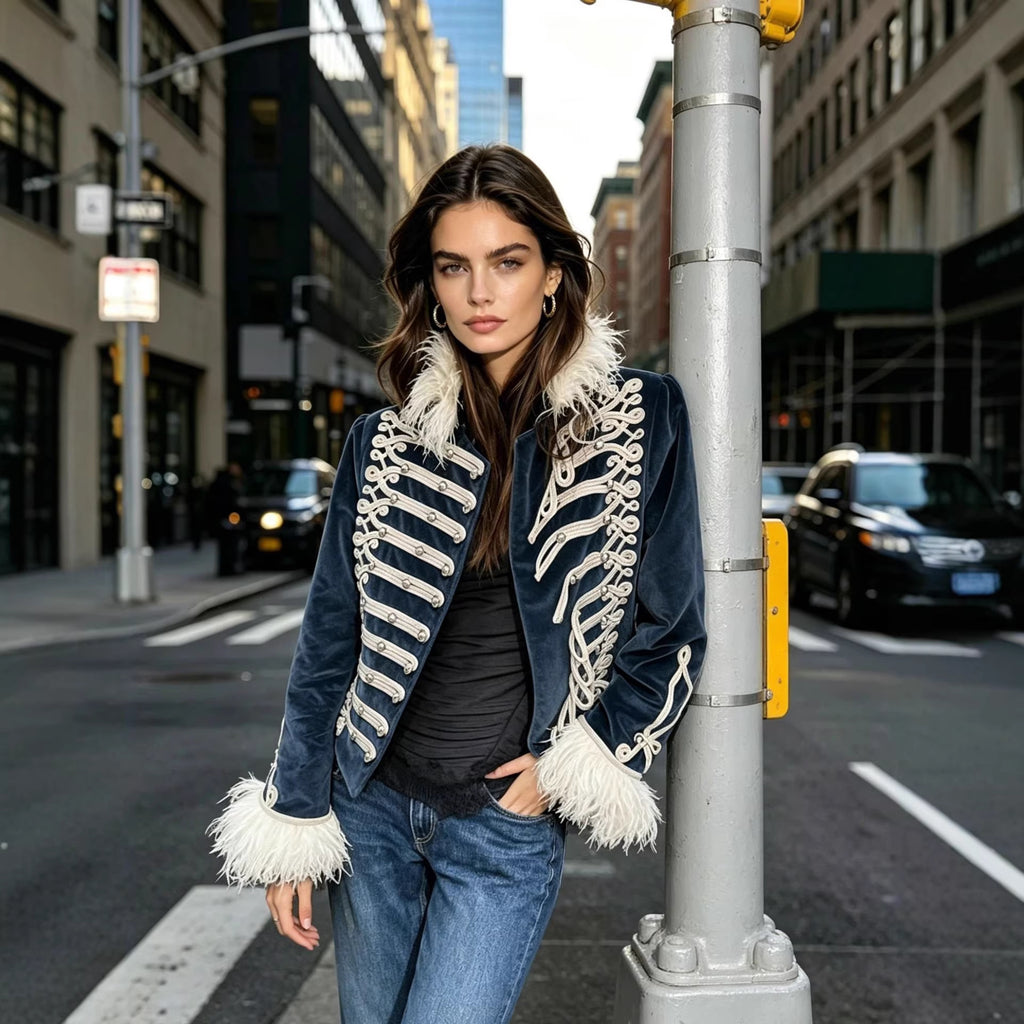 Women's tailored velvet military jacket with decorative cord appliqués and feather trim Fashion Glam