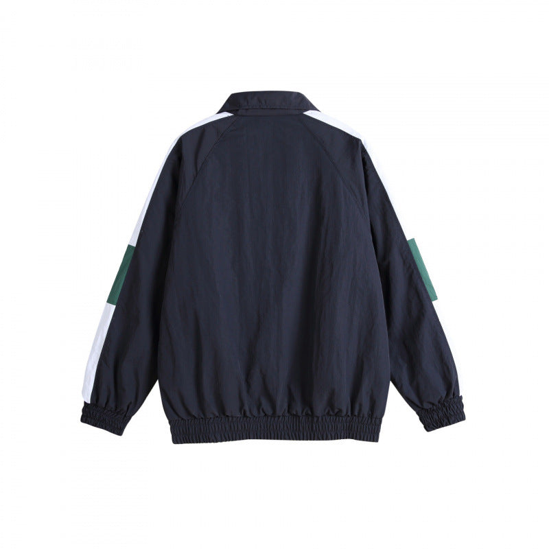 Unisex Retro Sporty Zip Training Jacket with Stand-up Collar, Colorblock Stripes and Elastic Hem Fashion Glam