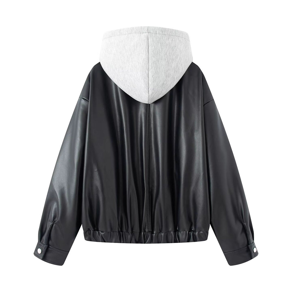 Women Oversize Faux Leather Blouson with Hood Insert and Flap Pockets Fashion Glam