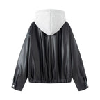 Women Oversize Faux Leather Blouson with Hood Insert and Flap Pockets Fashion Glam