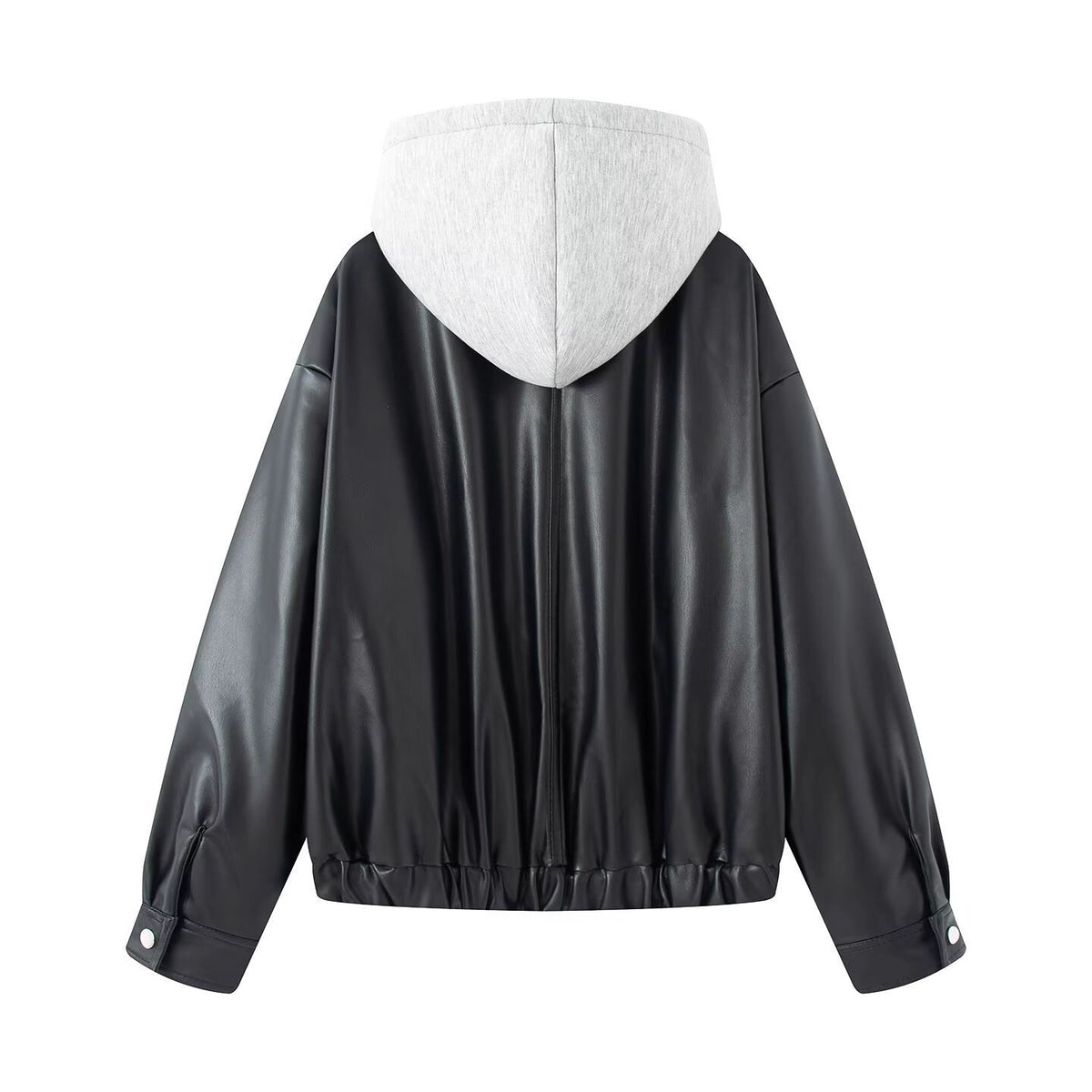 Women Oversize Faux Leather Blouson with Hood Insert and Flap Pockets Fashion Glam