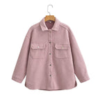 Women's Oversize Wool Blend Shirt Jacket with Snap Button Closure and Applied Flap Pockets Fashion Glam