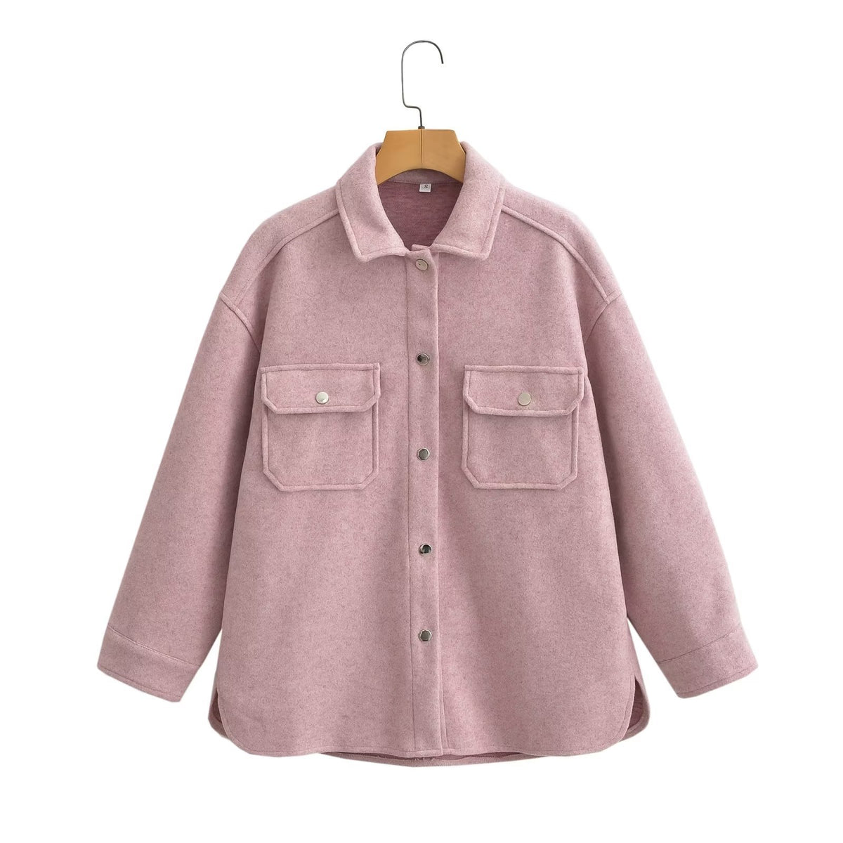 Women's Oversize Wool Blend Shirt Jacket with Snap Button Closure and Applied Flap Pockets Fashion Glam