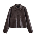 Women Short Boxy Leather-Look Jacket with Flap Pockets and Shirt Collar Fashion Glam