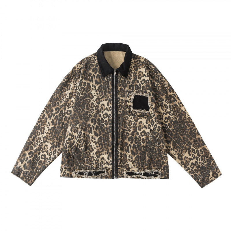 Unisex Boxy Denim Jacket in Leopard Print with Corduroy Collar, Zipper and Fringe Trim Fashion Glam