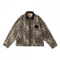 Unisex Boxy Denim Jacket in Leopard Print with Corduroy Collar, Zipper and Fringe Trim Fashion Glam