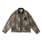 Unisex Boxy Denim Jacket in Leopard Print with Corduroy Collar, Zipper and Fringe Trim Fashion Glam
