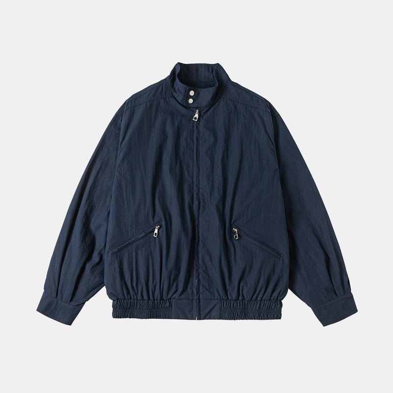 Men's Lightweight Harrington Jacket with Stand-up Collar, Elastic Hem, and Slanted Zipper Pockets Fashion Glam