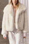 Women Cropped Faux Fur Jacket with XXL Lapel and Dense Long Pile Fashion Glam