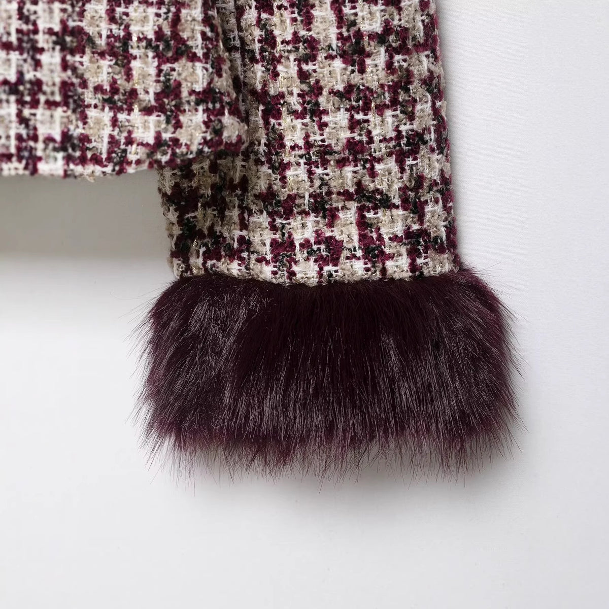 Women Boucle-Tweed Jacket with Stand-up Collar and Faux Fur Cuffs Fashion Glam
