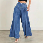 Women High-Waisted Denim Palazzo Pants with Gathered Box Pleat and Extra Wide Leg Fashion Glam