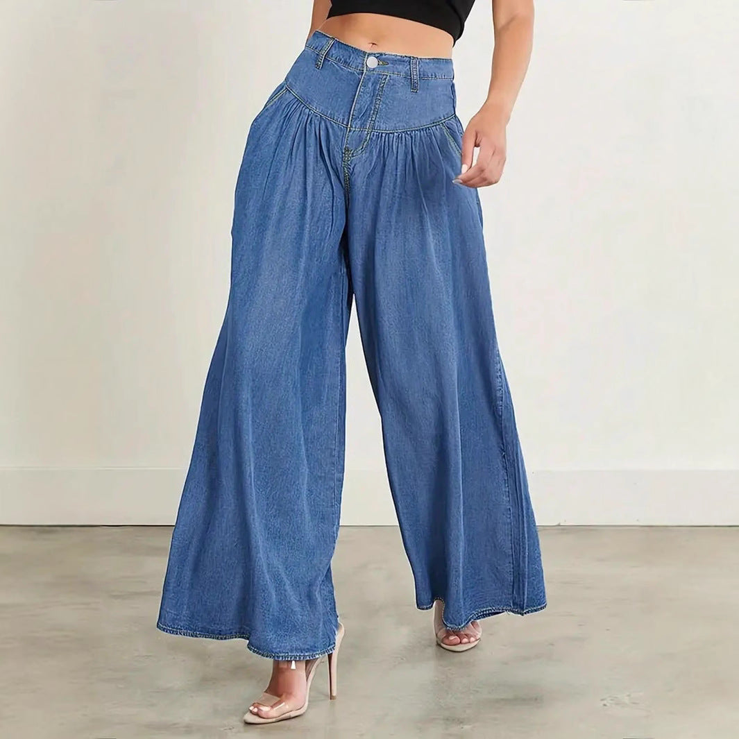 Women High-Waisted Denim Palazzo Pants with Gathered Box Pleat and Extra Wide Leg Fashion Glam