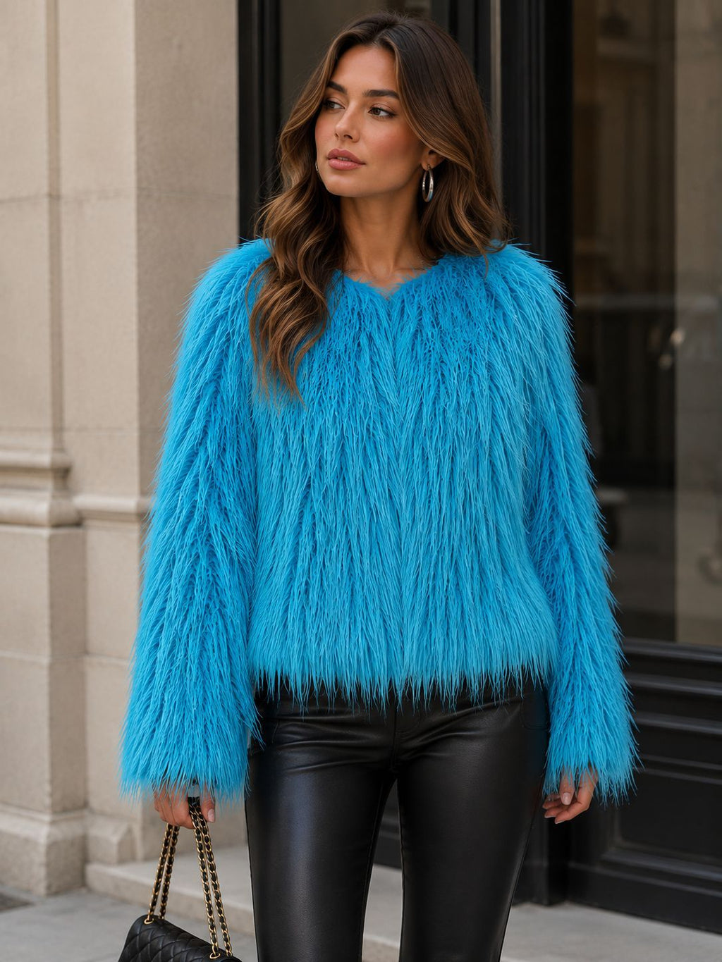 Women Short-Cut Shaggy Faux Fur Jacket with Round Neck, Extra Soft Long Hair and Casual Fit Fashion Glam