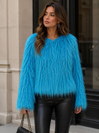 Women Short-Cut Shaggy Faux Fur Jacket with Round Neck, Extra Soft Long Hair and Casual Fit Fashion Glam