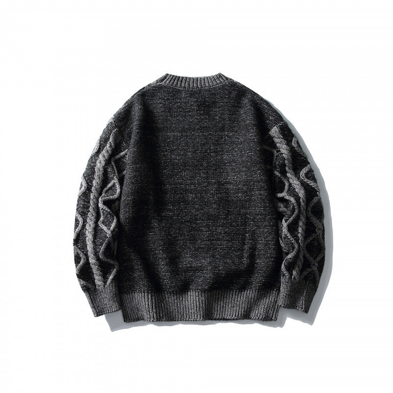 Unisex Oversized Knit Sweater with Cable Pattern Jacquard, Round Neck and Ribbed Cuffs Fashion Glam