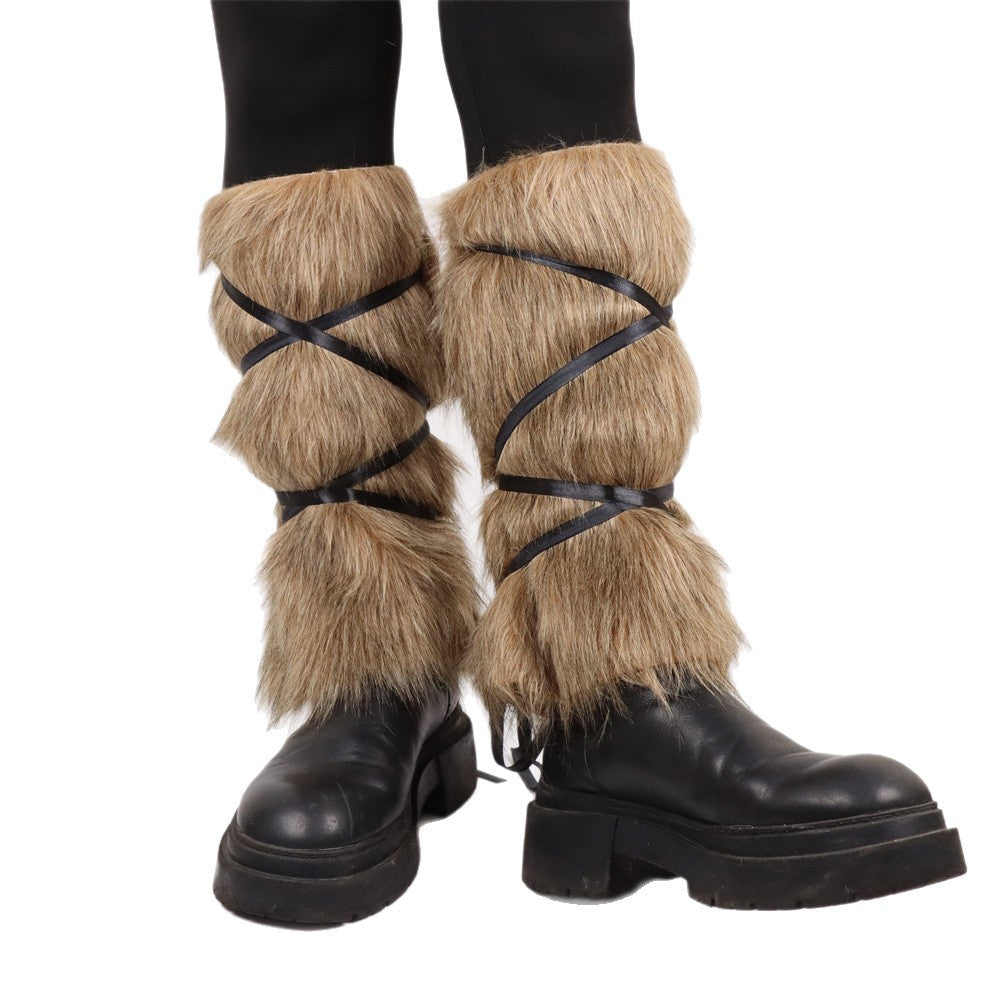 Ladies high-pile leg warmers with faux fur look and wrap straps Fashion Glam