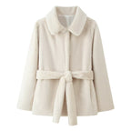 Women's short coat made of cuddly faux fur with shirt collar and tie belt Fashion Glam