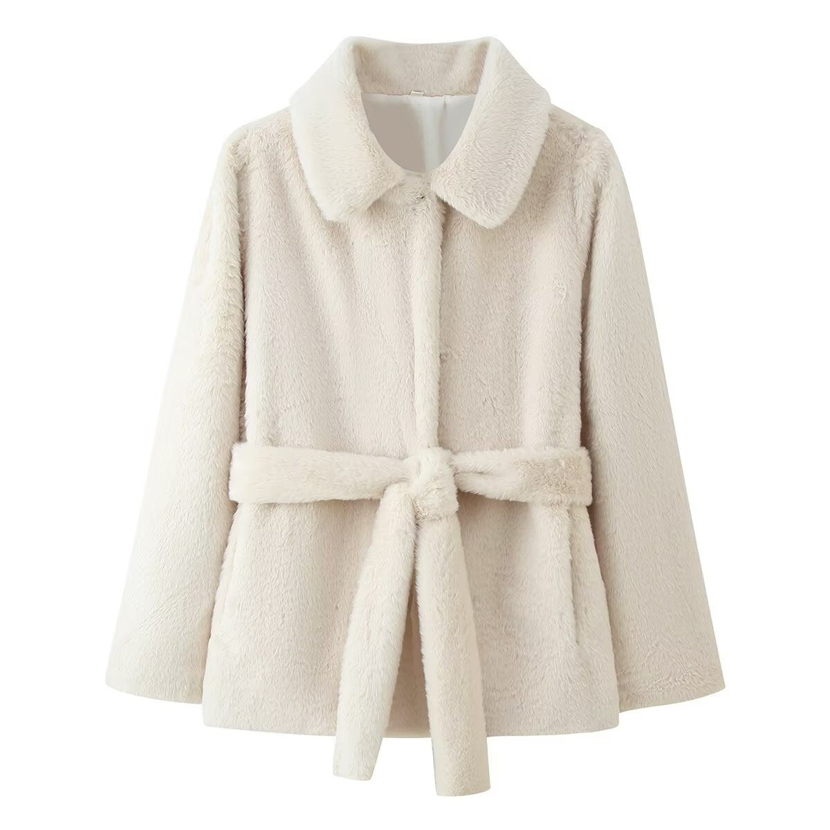 Women's short coat made of cuddly faux fur with shirt collar and tie belt Fashion Glam