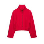Women's Short Stand Collar Bomber Jacket with Zipper and Fitted Cuffs Fashion Glam
