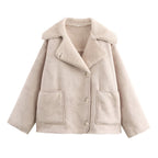 Women Short Lambskin Look Jacket in Boxy Cut with Shawl Collar and Patch Pockets Fashion Glam