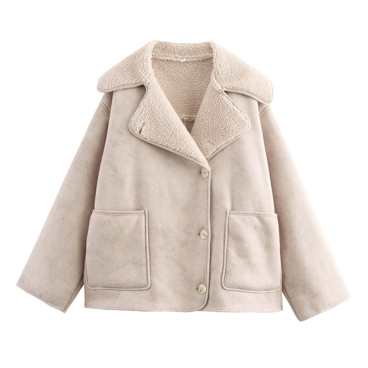 Women Short Lambskin Look Jacket in Boxy Cut with Shawl Collar and Patch Pockets Fashion Glam