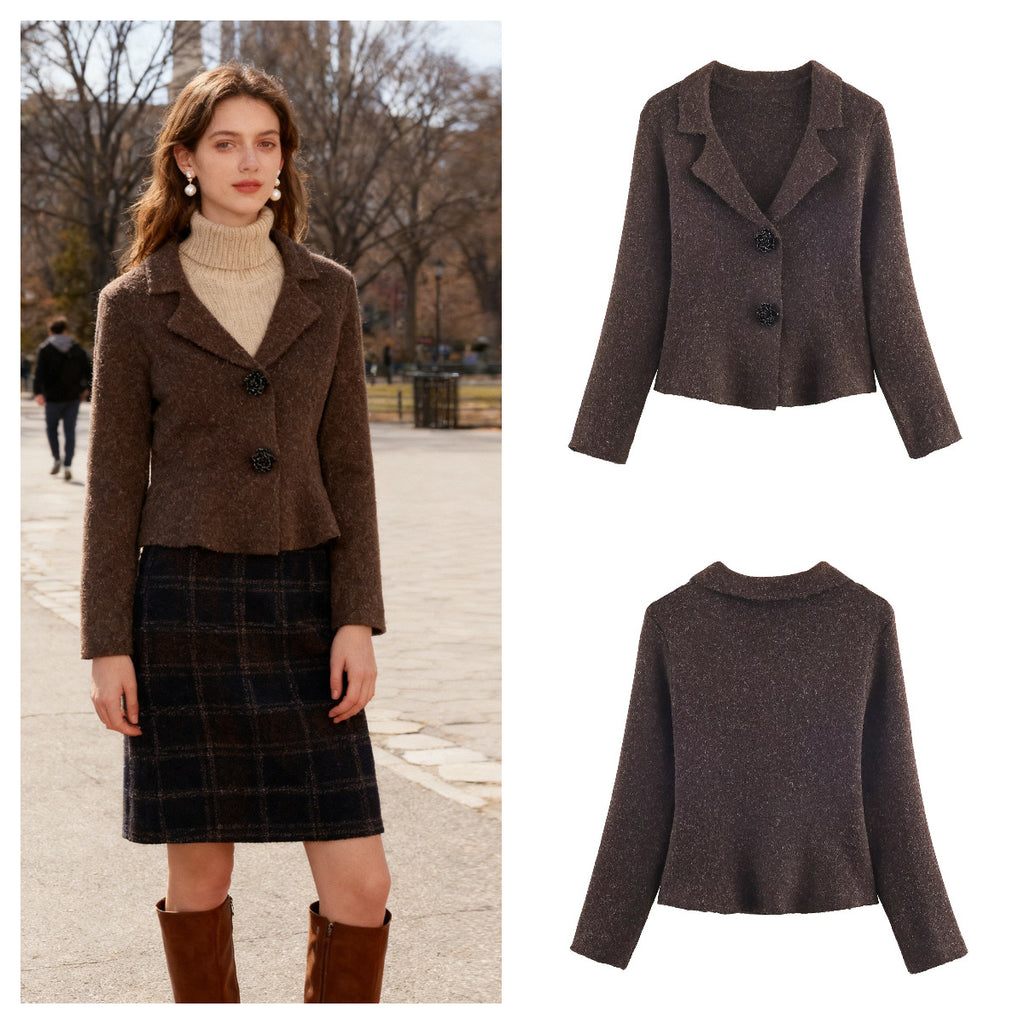 Women's short tailored wool look jacket with lapel collar and decorative floral buttons Fashion Glam