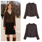Women's short tailored wool look jacket with lapel collar and decorative floral buttons Fashion Glam